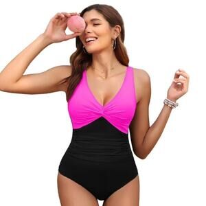 Holipick Women One Piece Swimsuit Pink Black Tummy Control V Neck NWT